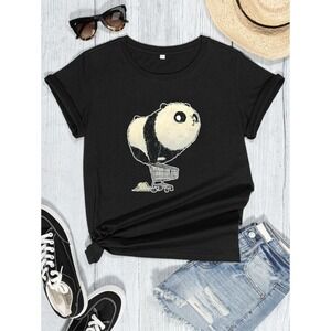REGAI Panda Graphic  Black T-Shirt Cute Animal Print Short Sleeve Top Size L NWT